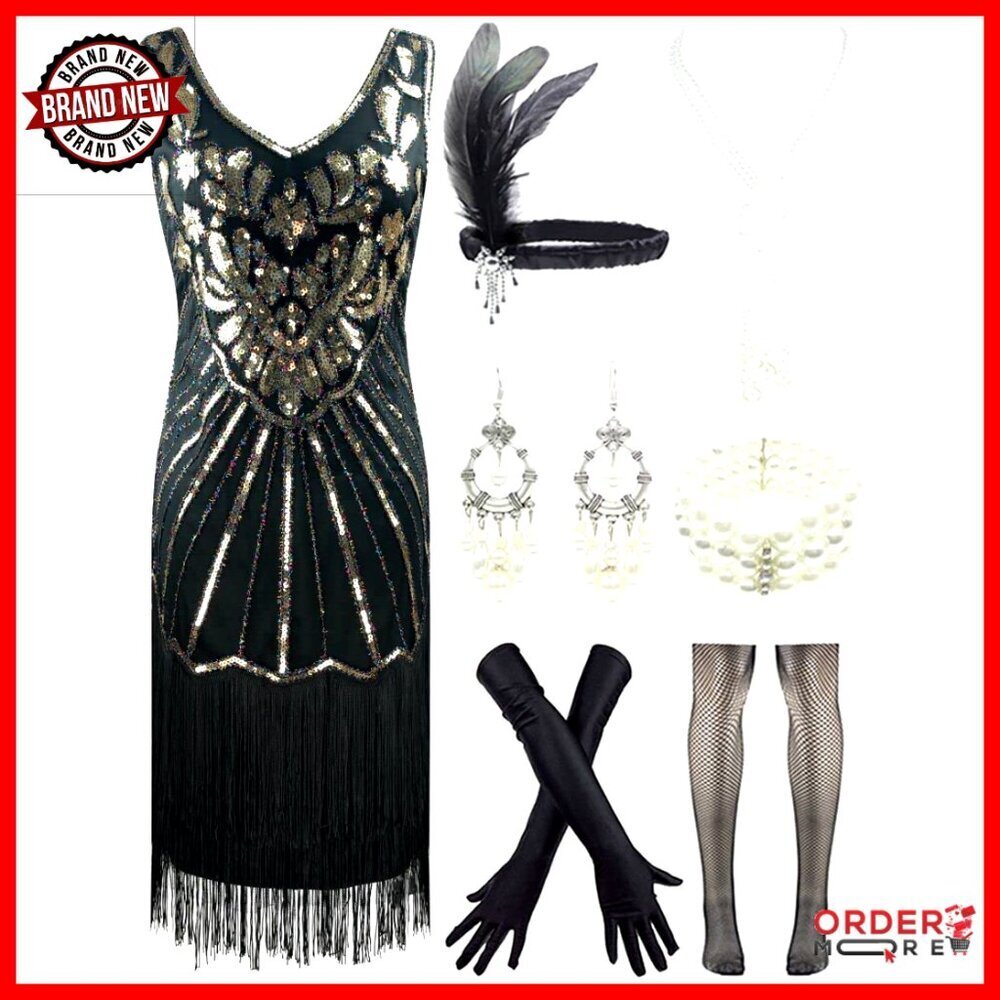 Vintage Flapper Fringe Beaded Gatsby Costume Dress with Accessories Set